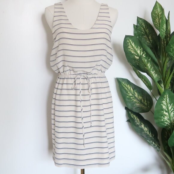 Joie White Navy Striped Silk Sleeveless Mini Dress Drawstring Waist Size XS - Picture 2 of 12